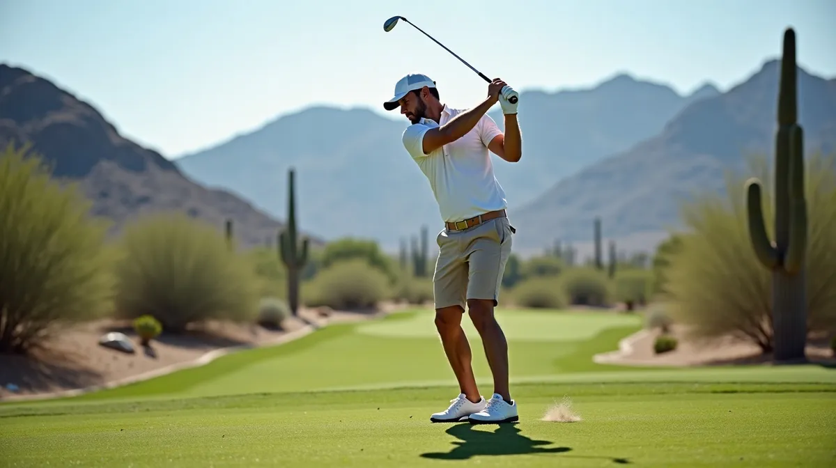 Golfer in light summer golf outfit swinging on a Scottsdale desert golf course with cacti and mountains