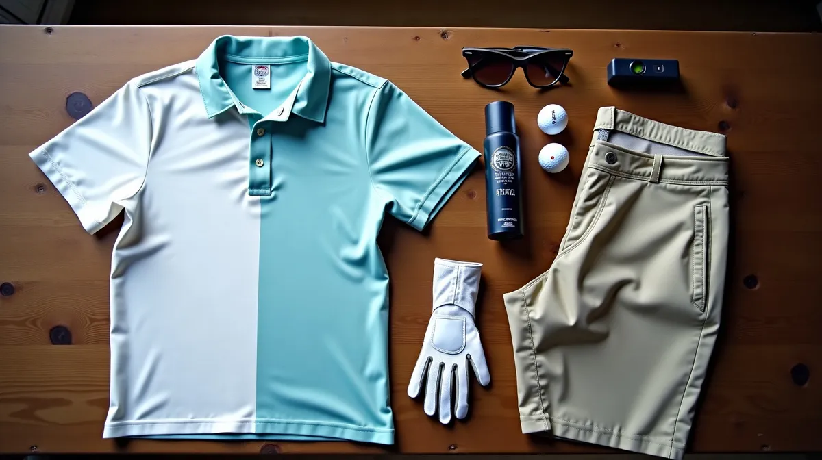 Golf trip packing flat lay in Scottsdale AZ with performance polo, shorts, glove, sunglasses, sunscreen and golf balls