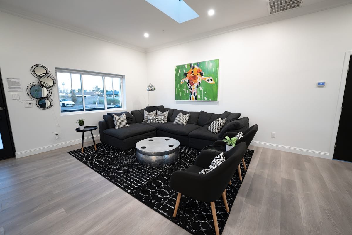 Living room area with cloud couch and giraffe portrait
