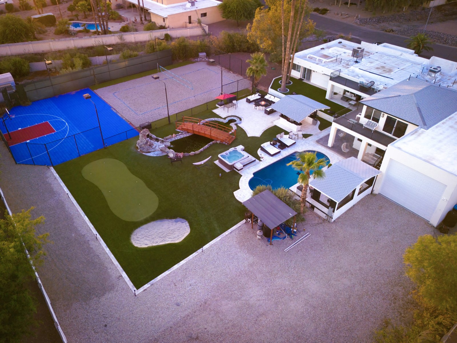Aerial view of private golf group compound in Kierland Scottsdale with sports courts and pool