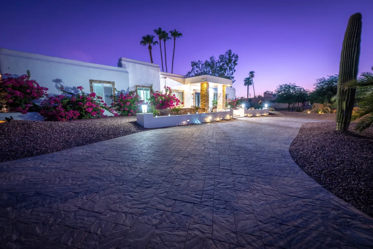 Living room with fireplace in luxury Scottsdale golf trip house for groups of 12